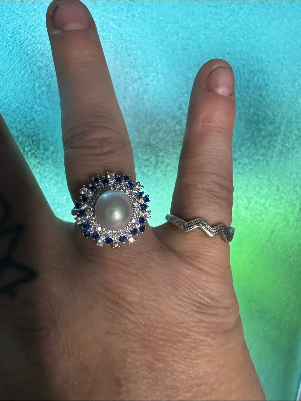 Elegant Pearl and Blue Swarovski Crystal Halo Ring - Silver Tone