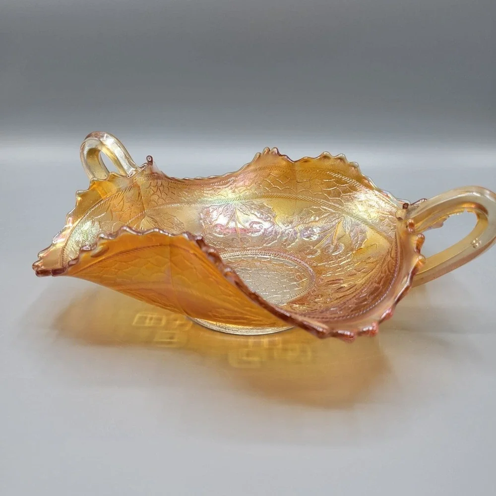 Vintage Fenton Marigold Carnival Iridescent Glass Handled Candy Dish Cherries