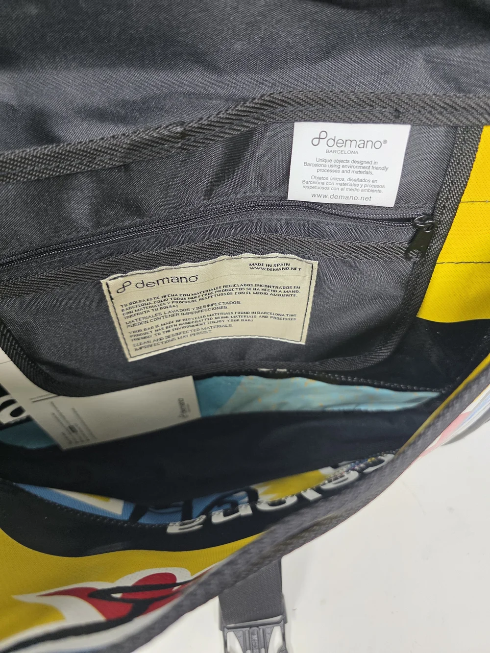 Demano Barcelona Upcycled Recycled Banner Graphic Messenger Bag Crossbody Spain