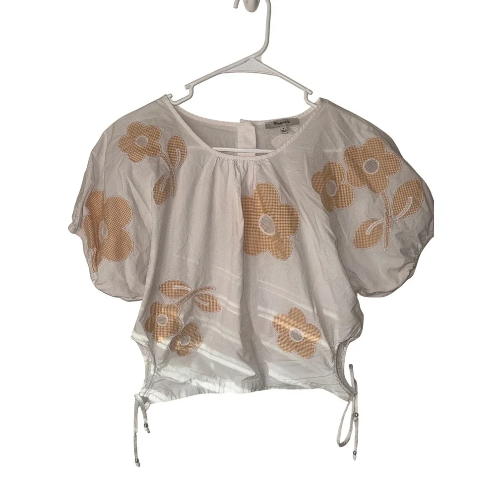 Madewell Gingham Floral Applique Puff Sleeve Drawstring Top White Yellow NL011 M