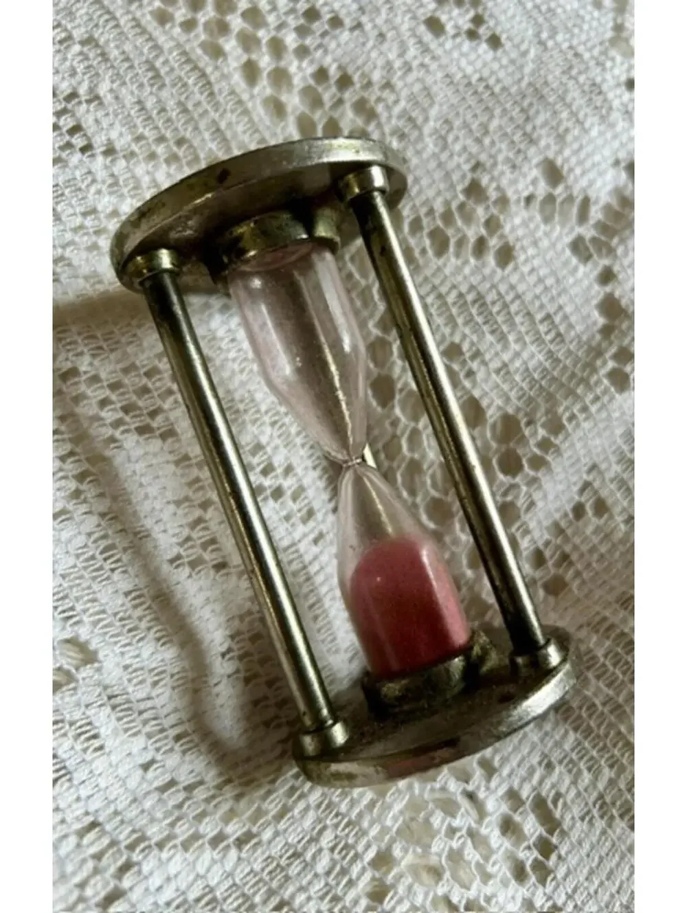 Vintage Metal and Glass Hourglass Timer with Pink Sand