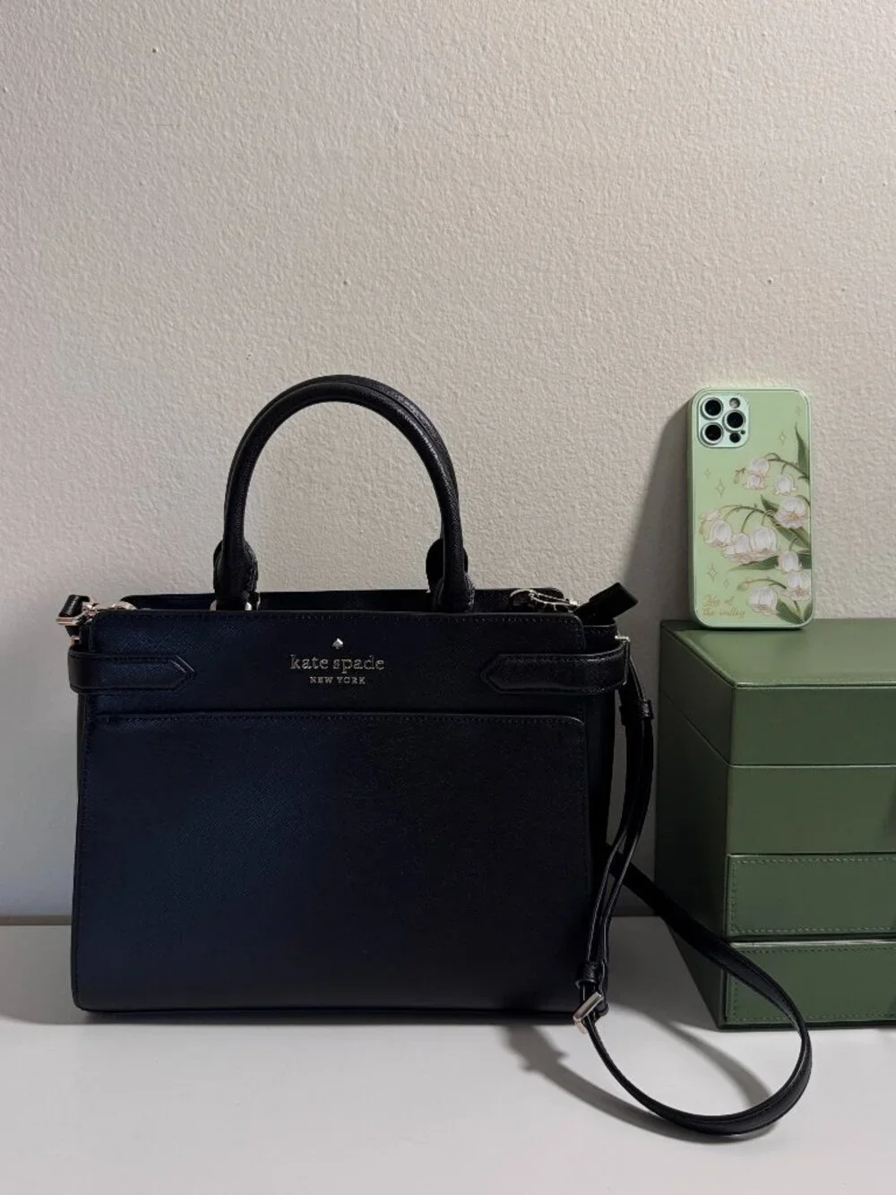 Kate Spade Black Saffiano Leather Satchel Crossbody Handbag with Strap