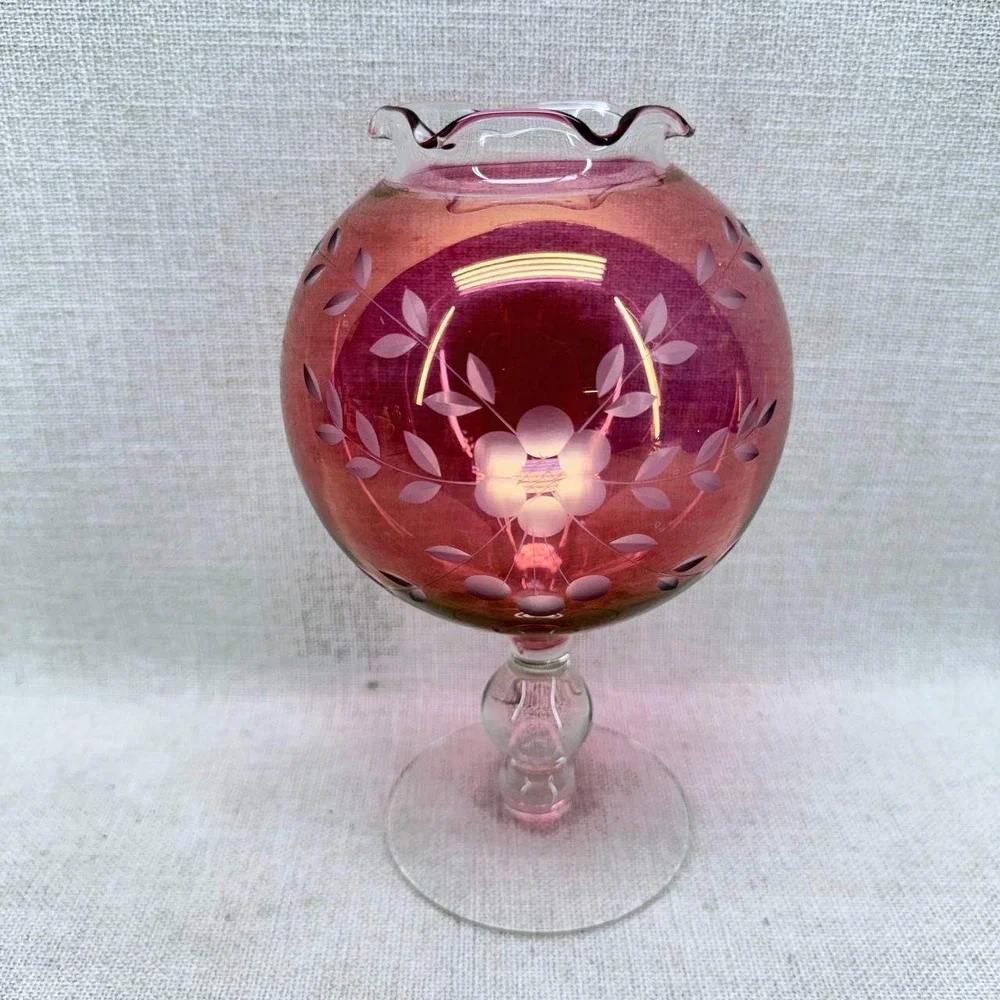 Vintage Cranberry Glass Rose Bowl Etched Floral Pedestal Vase Ruffled Rim 8 inch