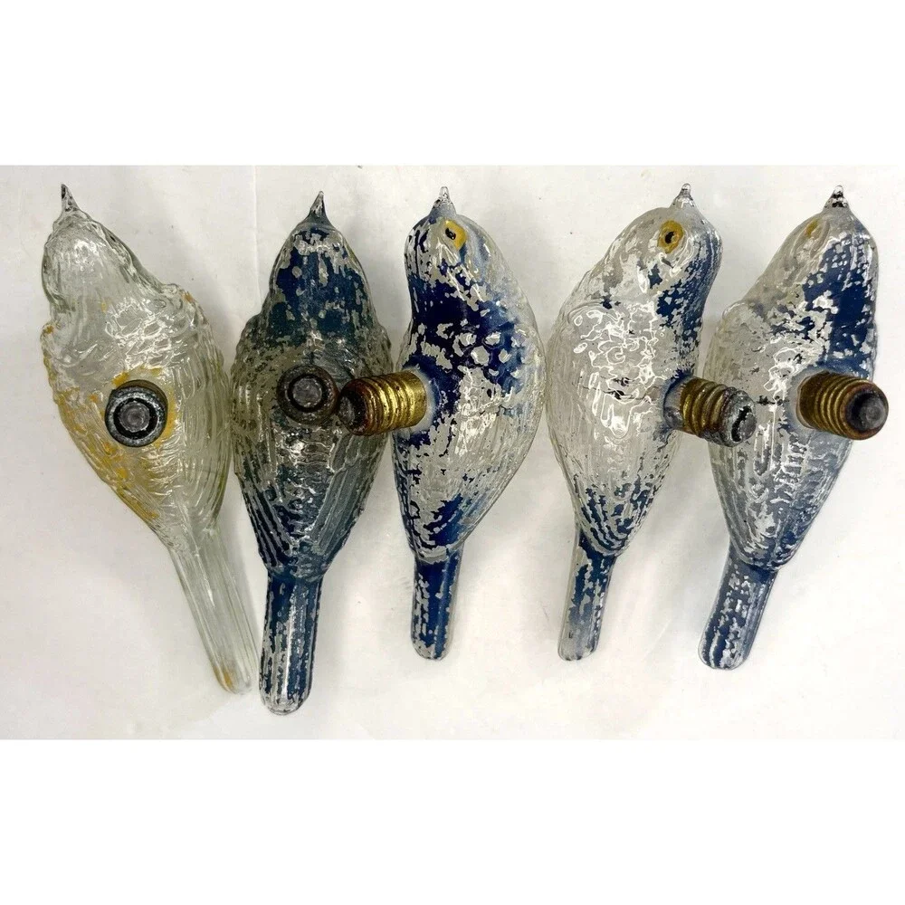 Bird Light Bulb Ornament Clear Glass Painted Blue Old• 5 Pc • Christmas Vintage