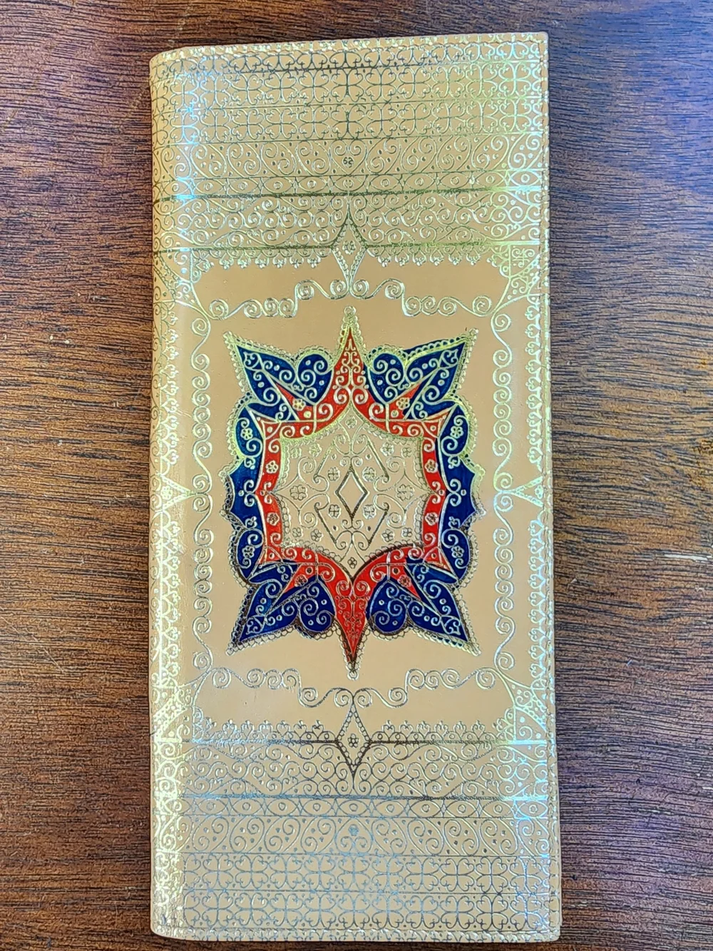 Vintage Tooled Gold Leather Envelope Clutch Bohemian Geometric Shamsa Medallion