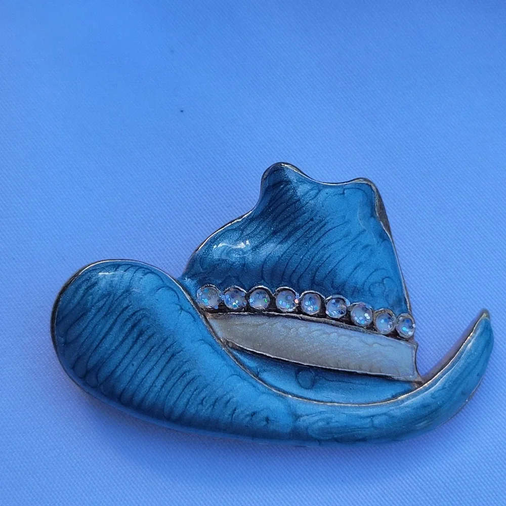 Vintage Blue Enamel Western Cowboy Hat and Boot Brooch Pin Set