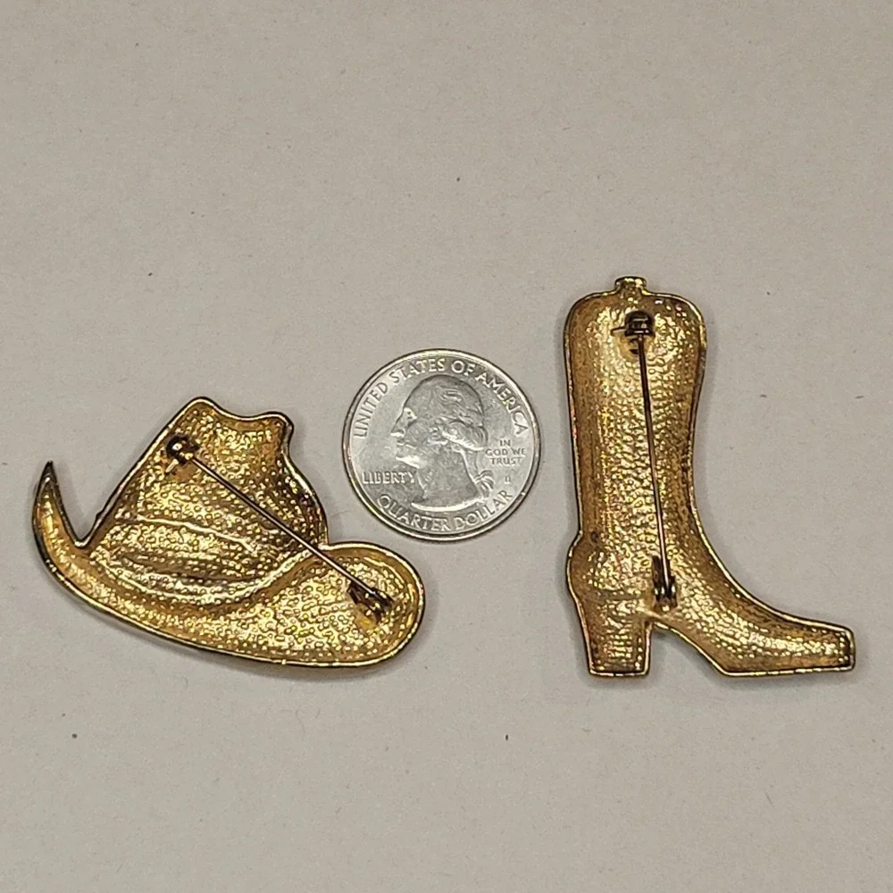 Vintage Blue Enamel Western Cowboy Hat and Boot Brooch Pin Set