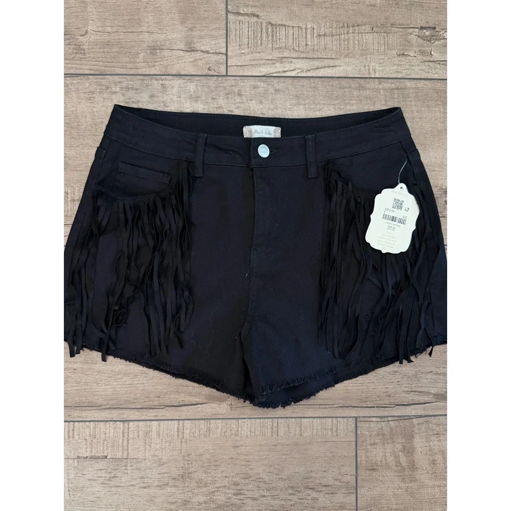 Altar'd State Black Fringe Denim Shorts High Waisted Frayed Hem Western Medium