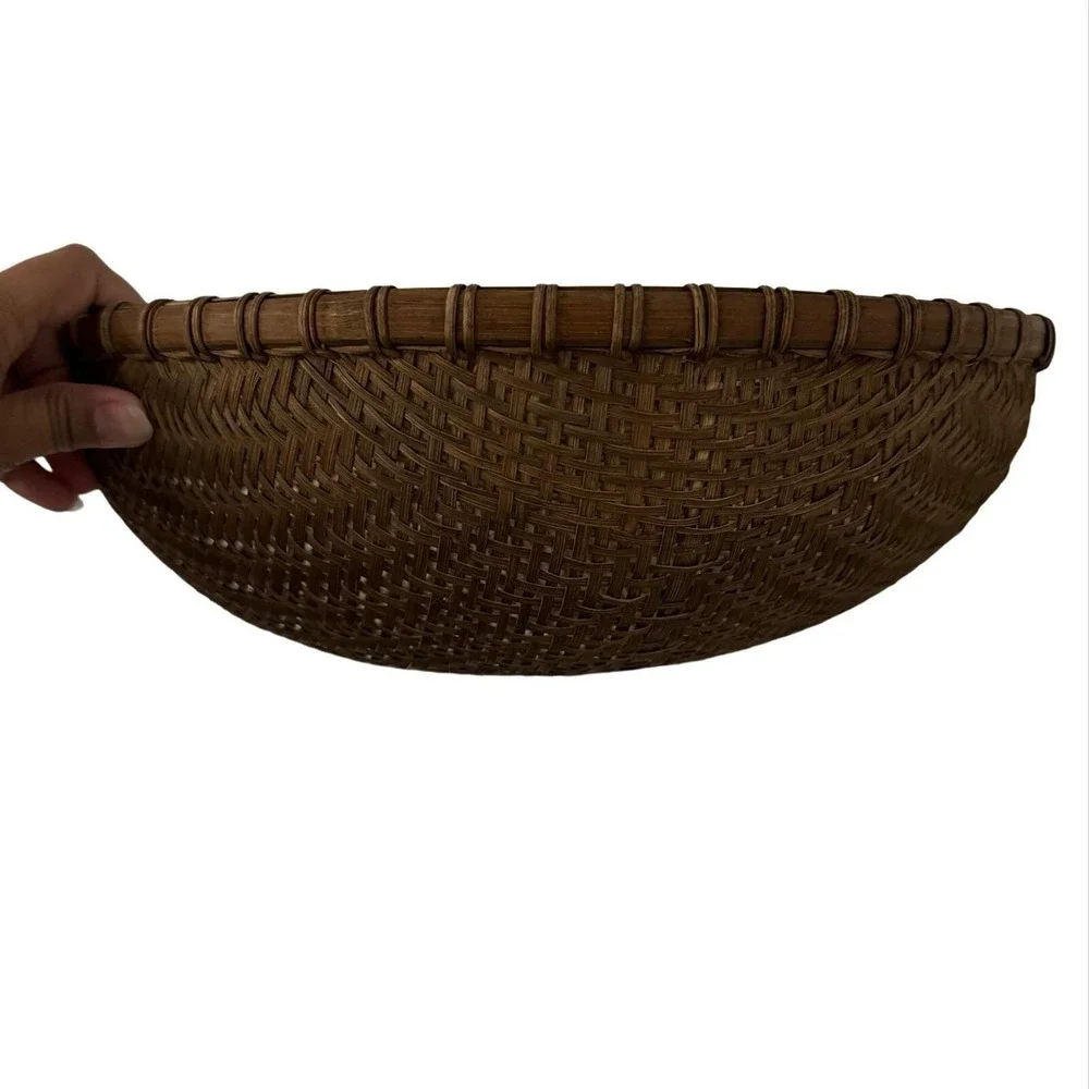 VTG Woven Bamboo Rattan Round Fruit Basket Decorative Bowl Brown 15 Inch