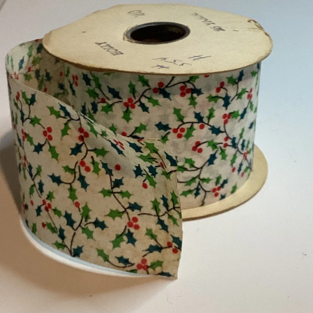 Vintage Christmas Holly Berry Fabric Ribbon 2.5 Inch Spool Holiday Decor 25 yard