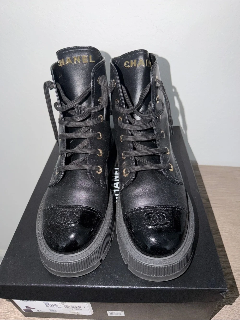 CHANEL Black High-Top Combat Boots with Gloss Toe Cap