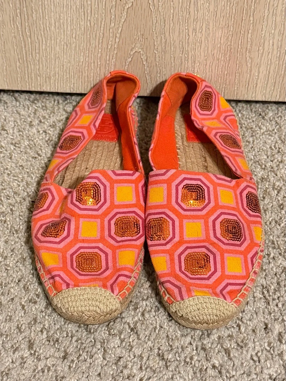 Tory Burch Pink and Orange Geometric Sequins Espadrille Flats