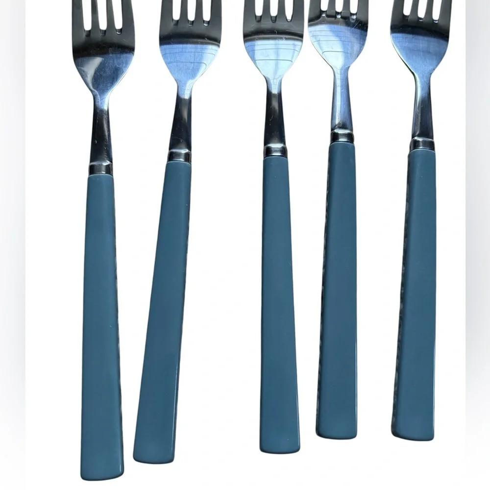 Vintage Melamine Set Stainless Steel Flatware Blue 7 Knives 8 Forks Set of 15