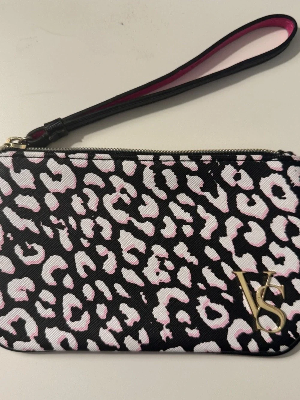 Victoria's Secret Pink Black Leopard Animal Print Wristlet Pouch Gold VS Logo
