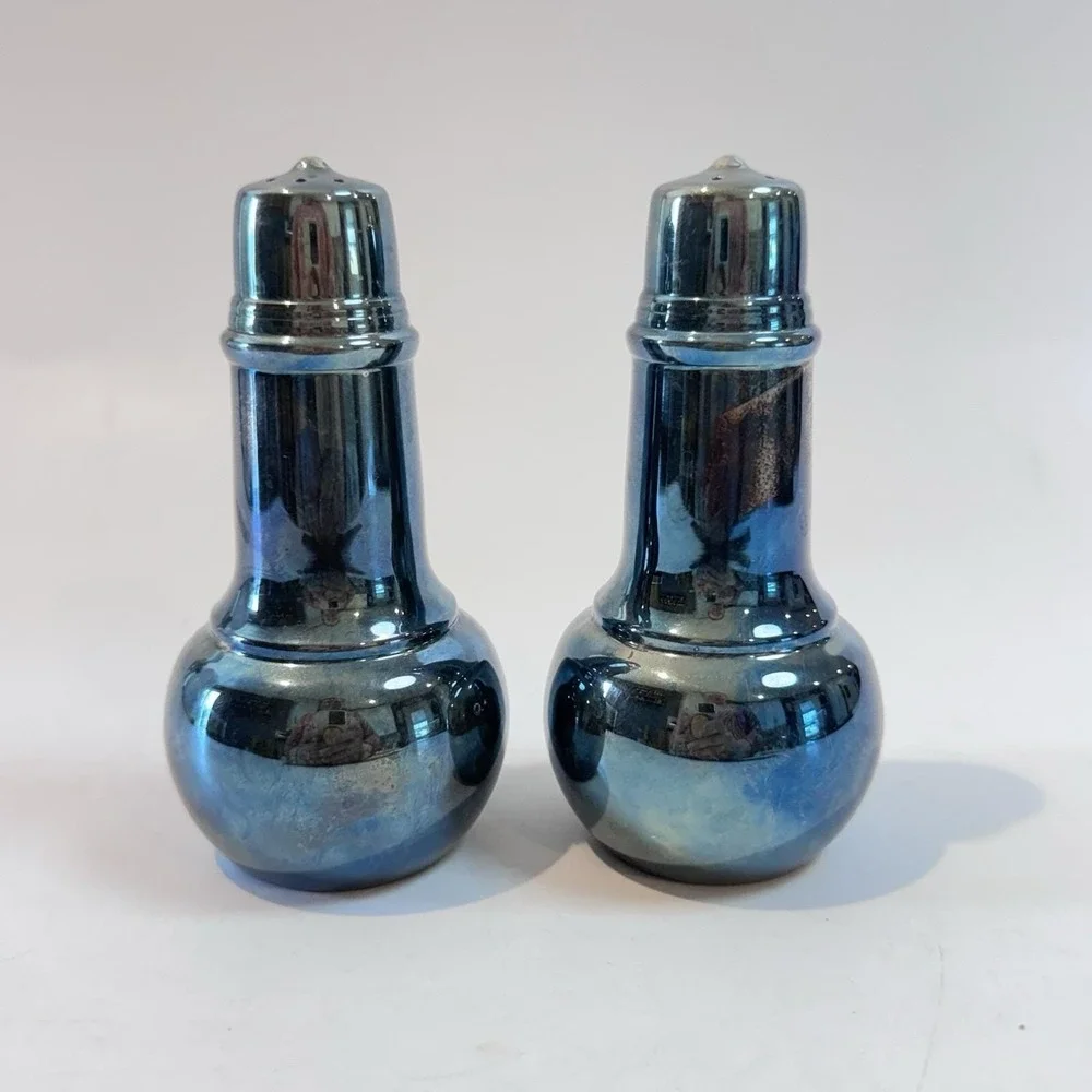 Vintage MCM Blue Lusterware Atomic Salt Pepper Shakers Iridescent Glaze‎
