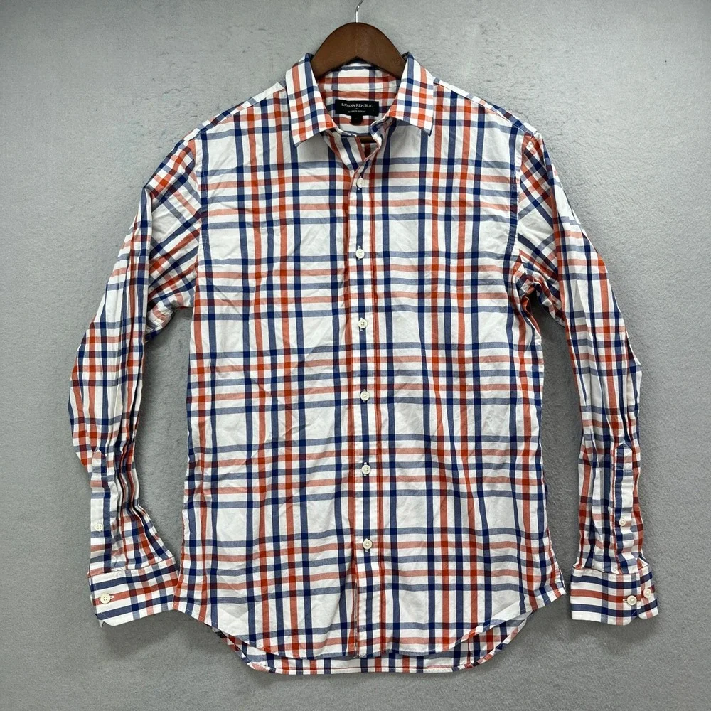 Banana Republic Button Up Shirt Mens M Red Blue Tailored Slim Fit Plaid Oxford