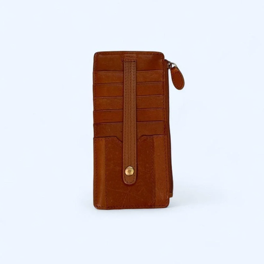 Brown leather wallet with multiple card slots‎ and a zippered compartment