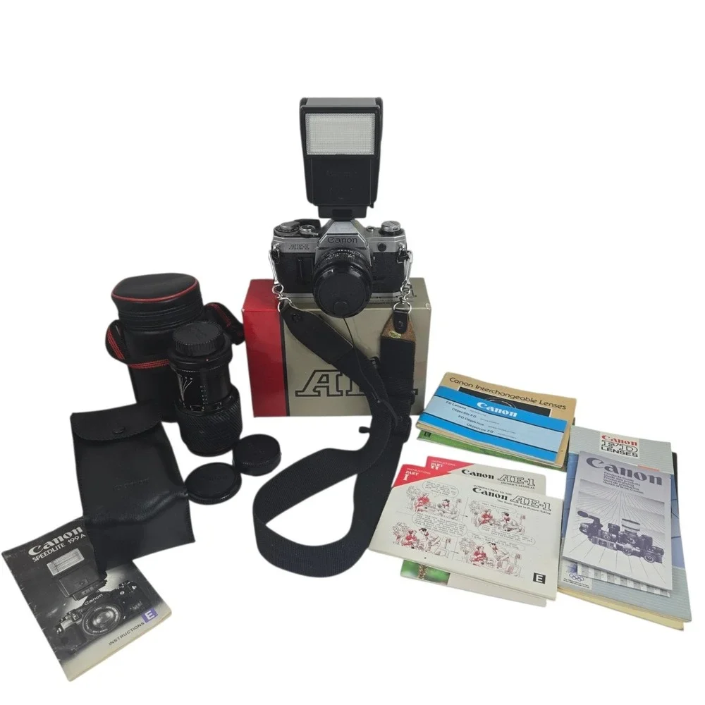 Canon AE-1 35mm SLR Film Camera w Canon 50mm f/1.8 FD Lens + Tons of Extras VID!