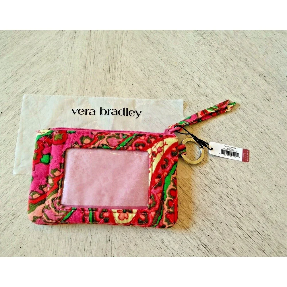 Vera‎ Bradley Zip ID Case Capri Pink Floral Key Ring Wallet Fabric 5x3 New NWT