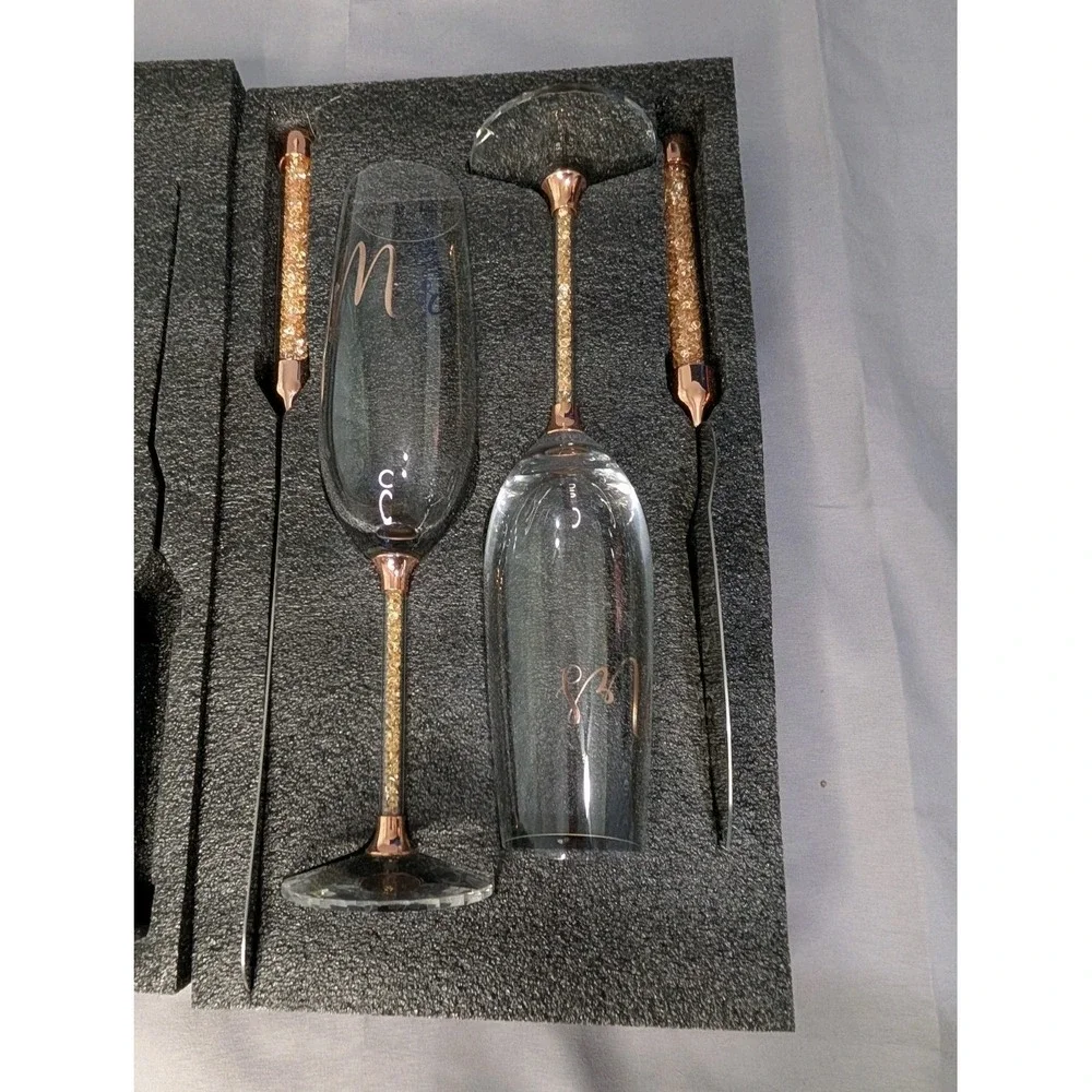 Mr Mrs Wedding Champagne Flutes Cake Knife Server Set Rose‎ Gold Glitter