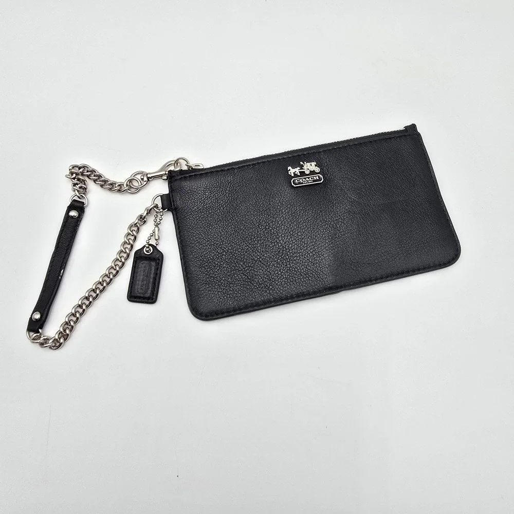 Coach Black Leather Wristlet Pouch Wallet with Chain‎ Strap