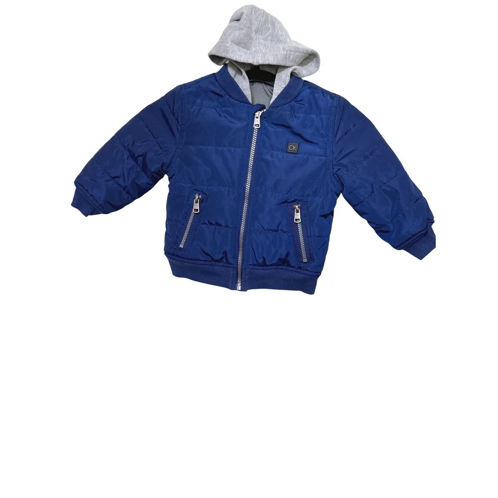 Calvin Klein Jeans Boys Royal Blue Quilted Puffer Jacket with Gray Hood 24M‎