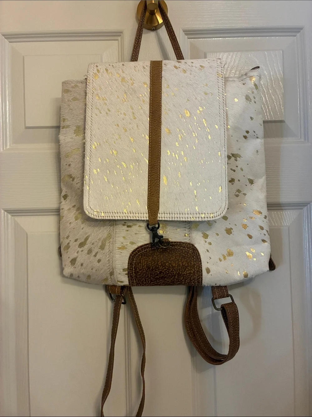 Myra Bag White Backpack with Gold‎ Speckle and Brown Trim