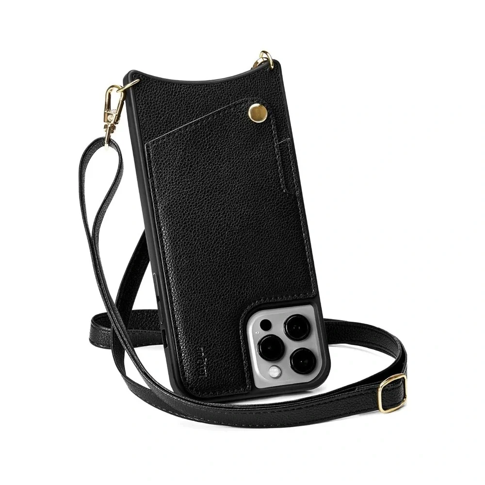 KIQUE Crossbody Phone‎ Case and Wallet for iPhone 11 Pro Faux Black Leather