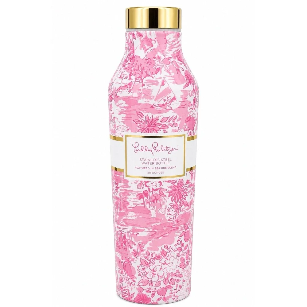 Lilly Pulitzer Seaside Scene Stainless Steel Water Bottle 20oz Pink White New