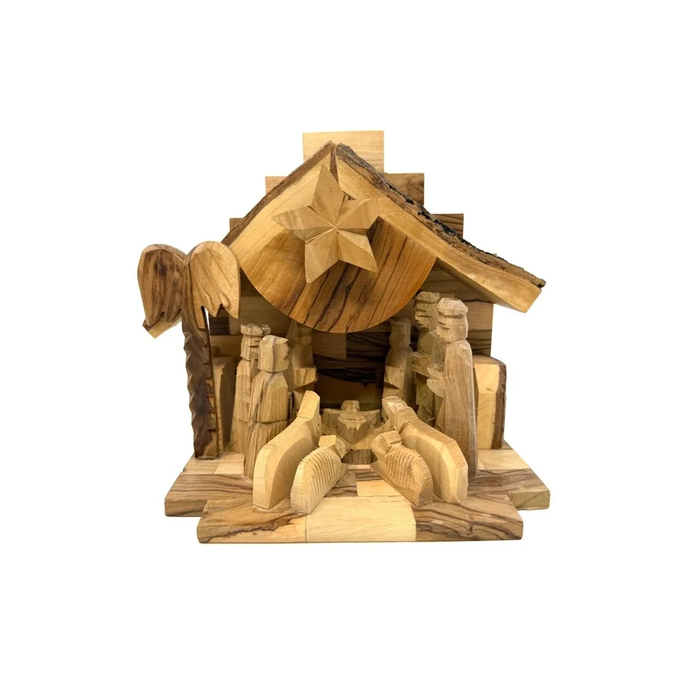 Hand Carved Olive Wood Nativity Scene Stable Creche Music Box Christmas Decor‎