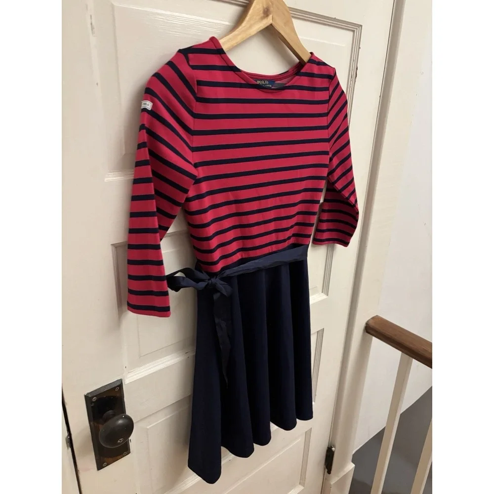 Polo‎ Ralph Lauren Girls Blue Pink striped Flare Dress Size Large (12/14)