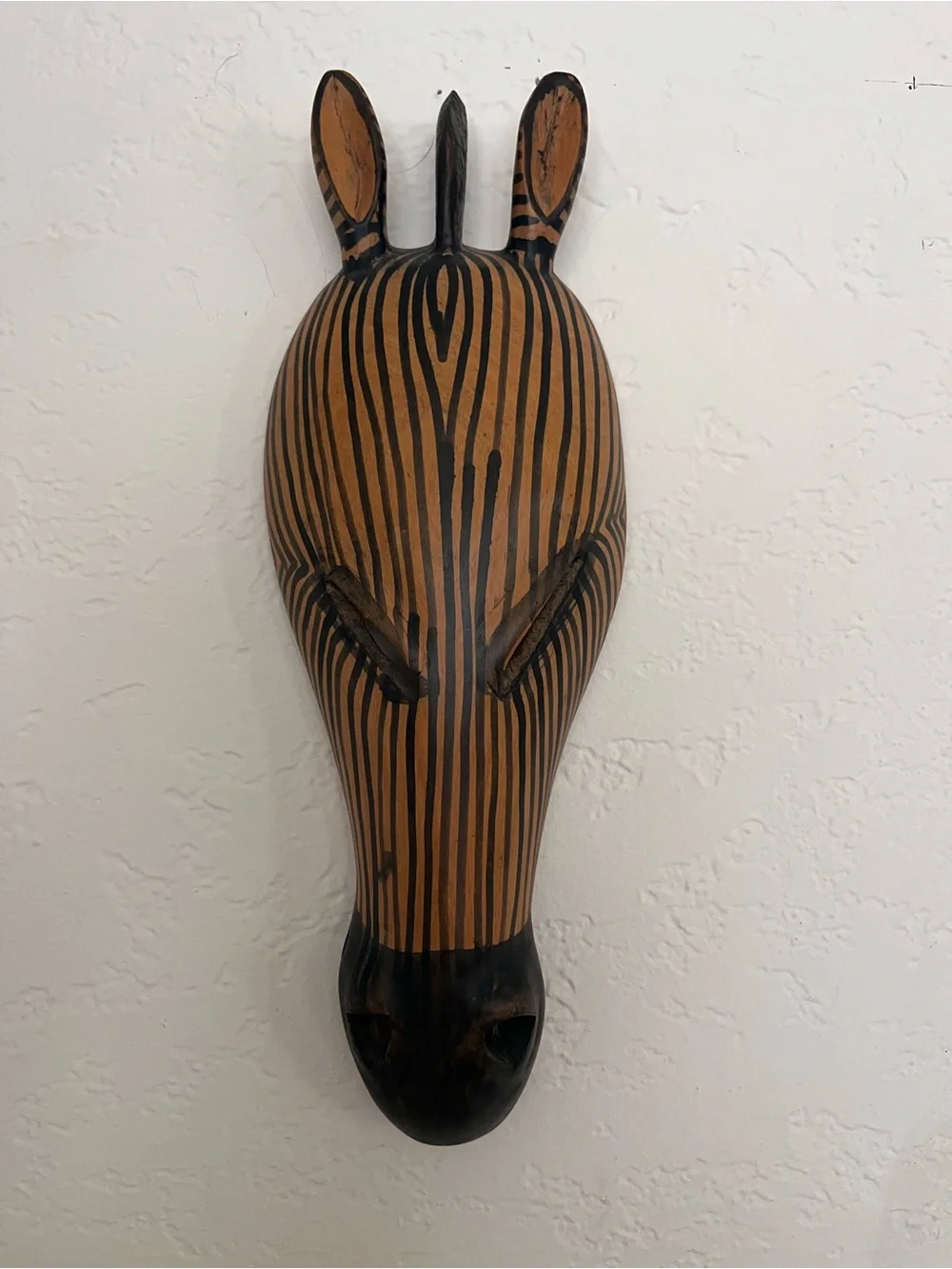 Vintage Hand-Carved Wooden Zebra Wall Mask - Black and Brown