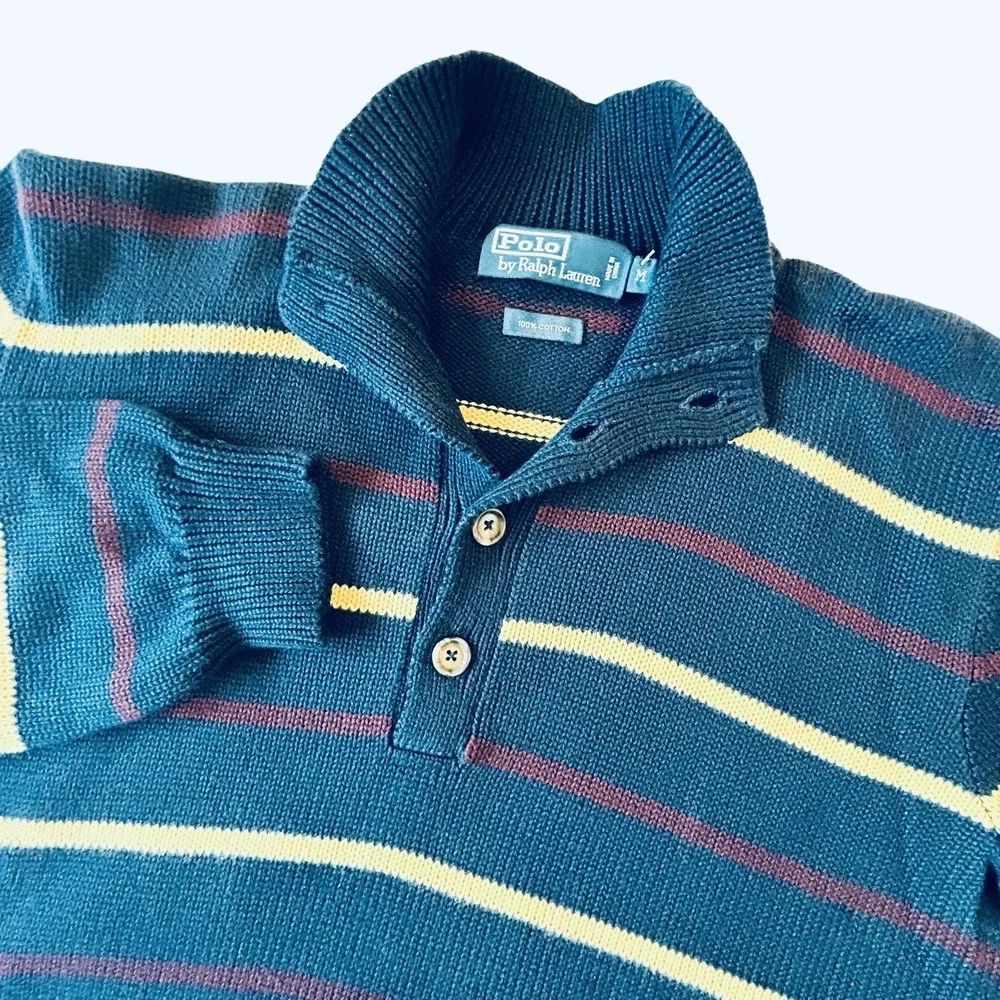 Polo Ralph Lauren Mens Medium Dark Teal Striped Mock Neck Cotton Sweater NWT