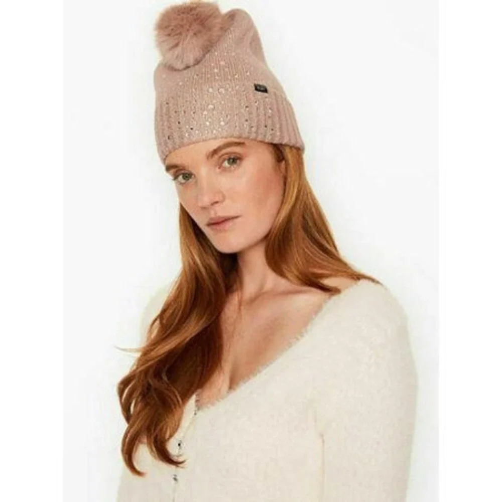 Victoria S Secret Beanie Women OS Blush Pink  Rhinestone Faux Fur Pom