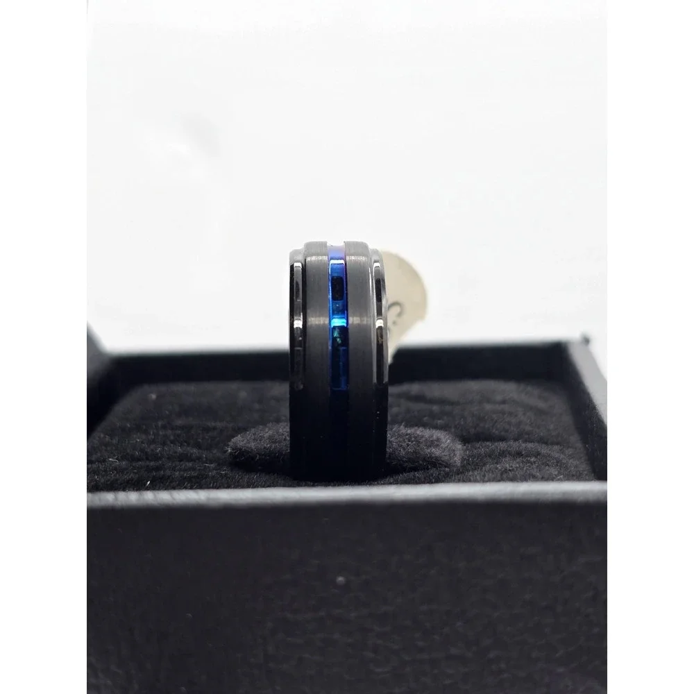 Tungsten Men's Sz 6.5 Blue &Black Center Channel Stripe Comfort Fit Wedding Band