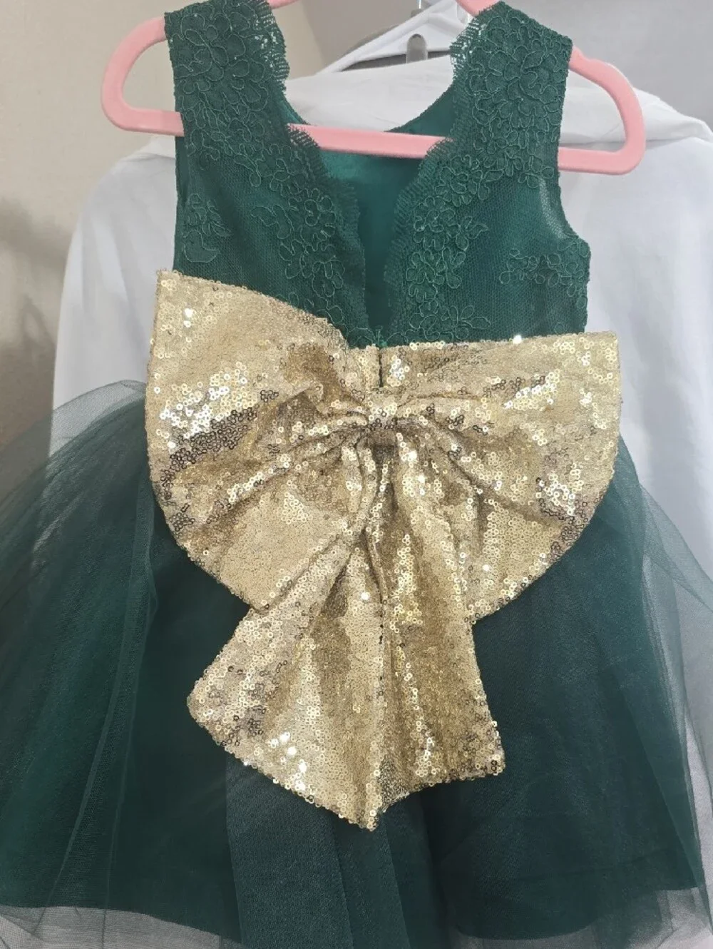 Girls Emerald Green Tulle Dress with Gold Sequin Waistband
