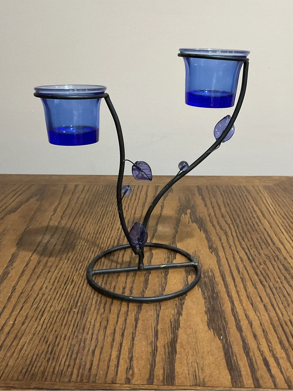 Blue Glass Tealight or Votive Holder with Decorative Metal Stand