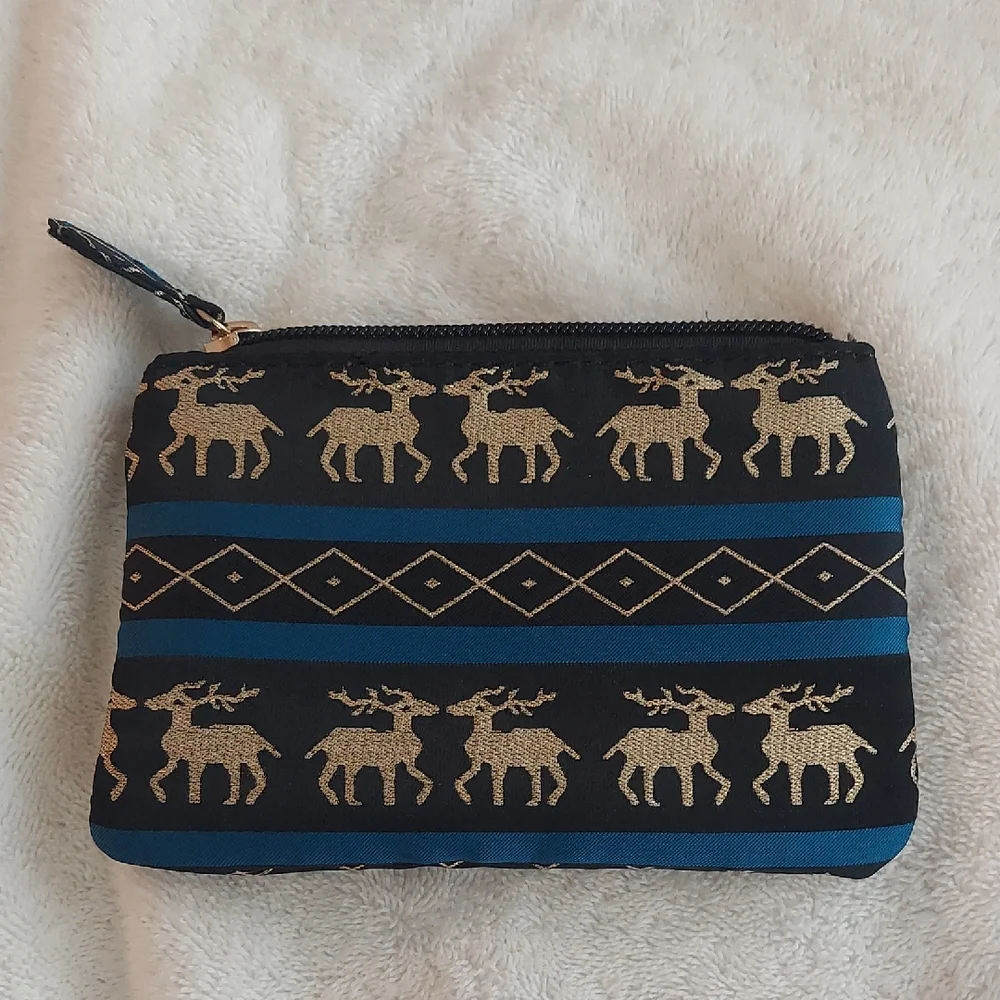 NWOT Black & Gold Reindeer Pattern Mini Pouch / Coin Purse - Christmas / Holiday