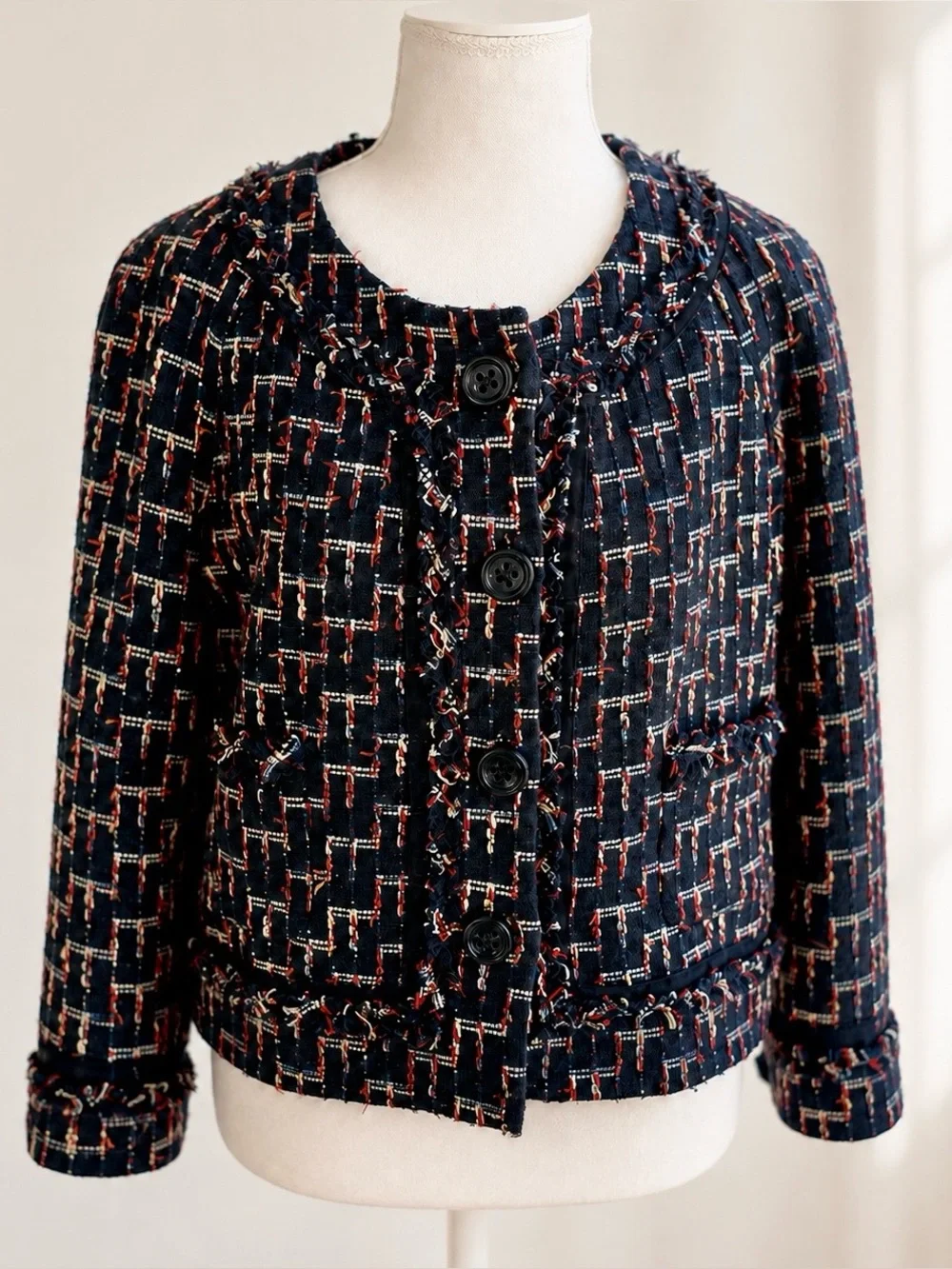 Kate Spade EUC Darby Tweed Cropped Blazer Navy Red Size 10