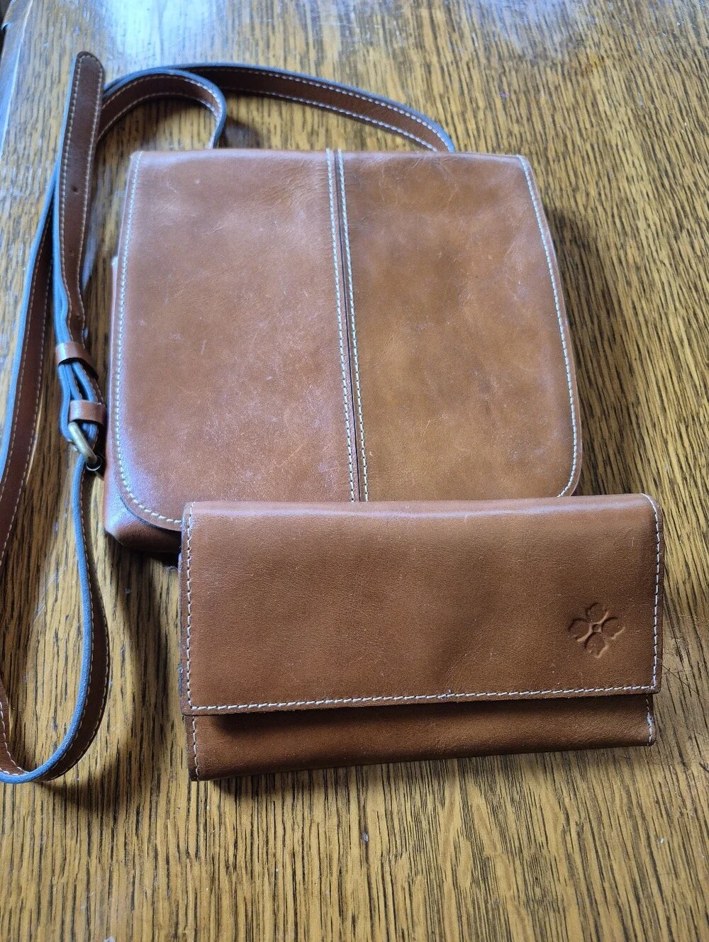 Patricia Nash Leather Crossbody Bag with Front Flap (Snaps) & Wallet Set - Brown