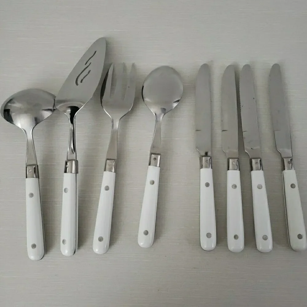 Lifetime Stainless Serving Utensil & 4 Dinner Knives Rivet White Handle Thailand