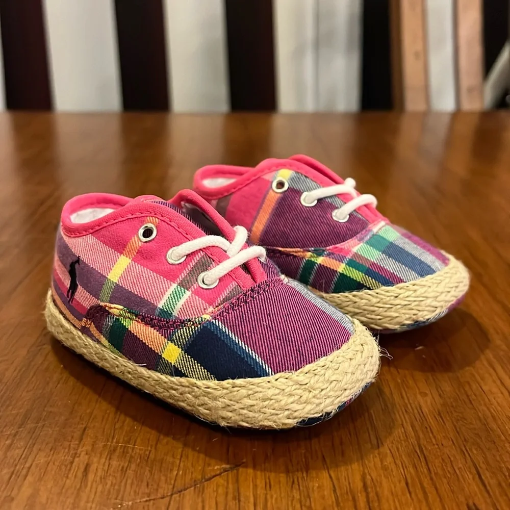Polo Ralph Lauren Pink Plaid Bowman Lace Crib Shoes Sneakers Girls Baby Size 2
