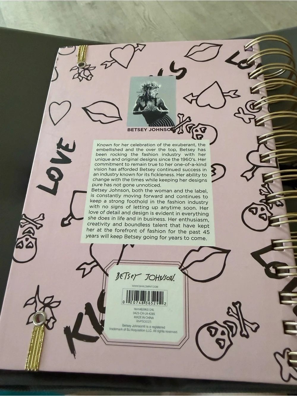 Betsey Johnson Pink Doodle Spiral Notebook with Gold Elastic Band