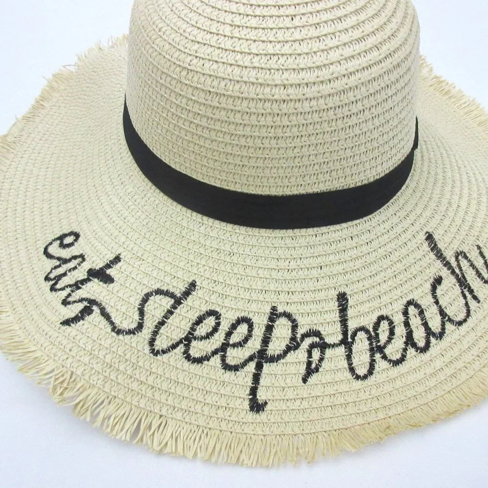 Eat Sleep Beach Embroidered Wide Brim Straw Sun Hat Frayed Beige Collapsible NEW