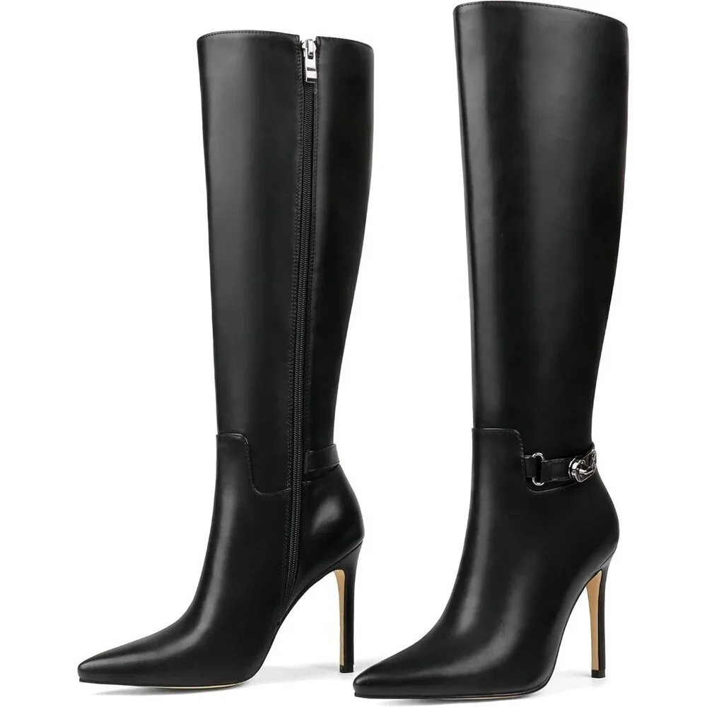 Women's Knee High Pointed Toe Stiletto Buckle Slouch Zipper Heeled Boot Black