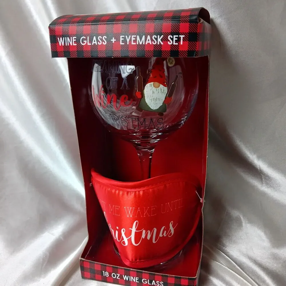 DREAMING OF A WINE CHRISTMAS! GNOME WINE GLASS & EYE MASK SET