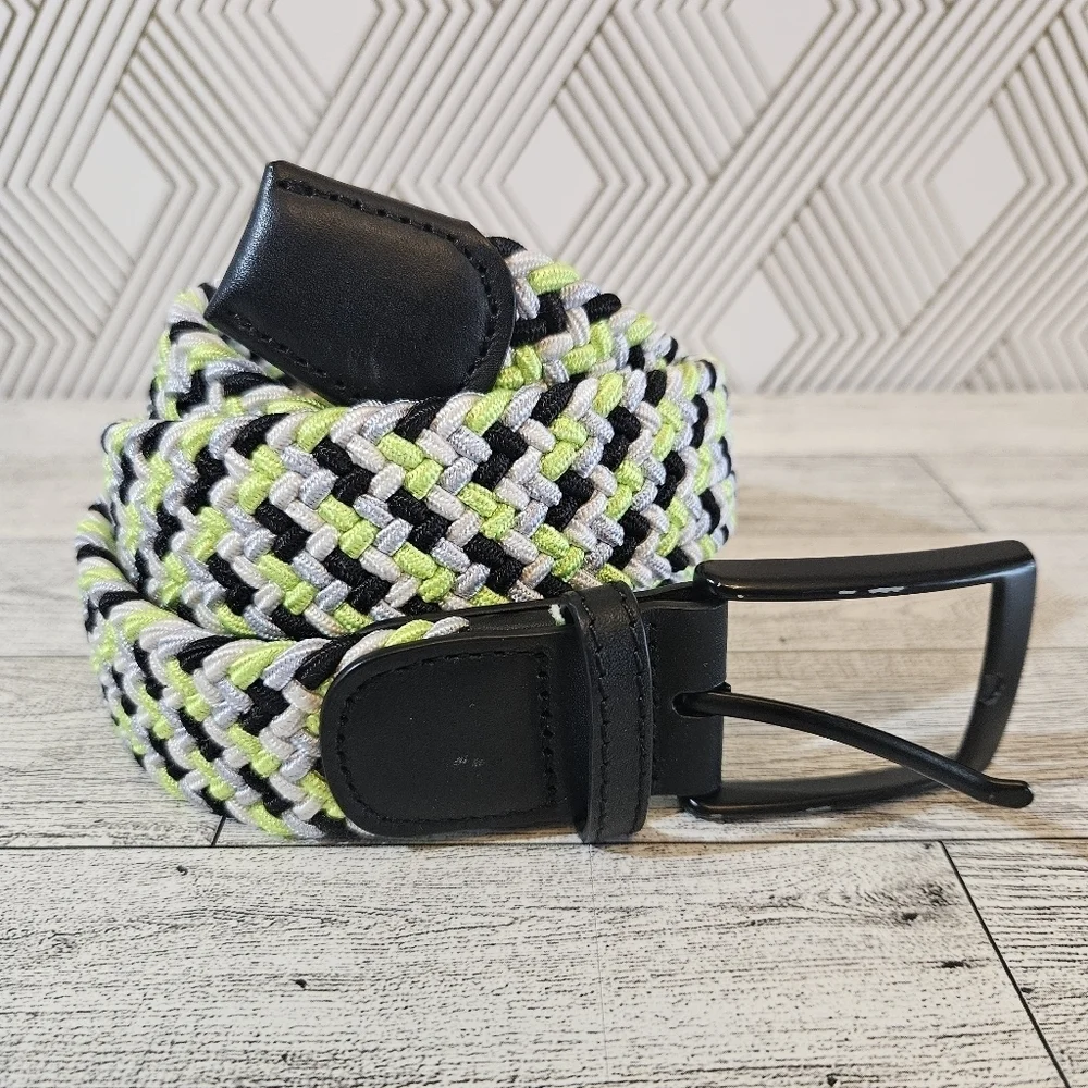 DIBI Black White Neon Yellow & Silver Elastic Braided Belt XL