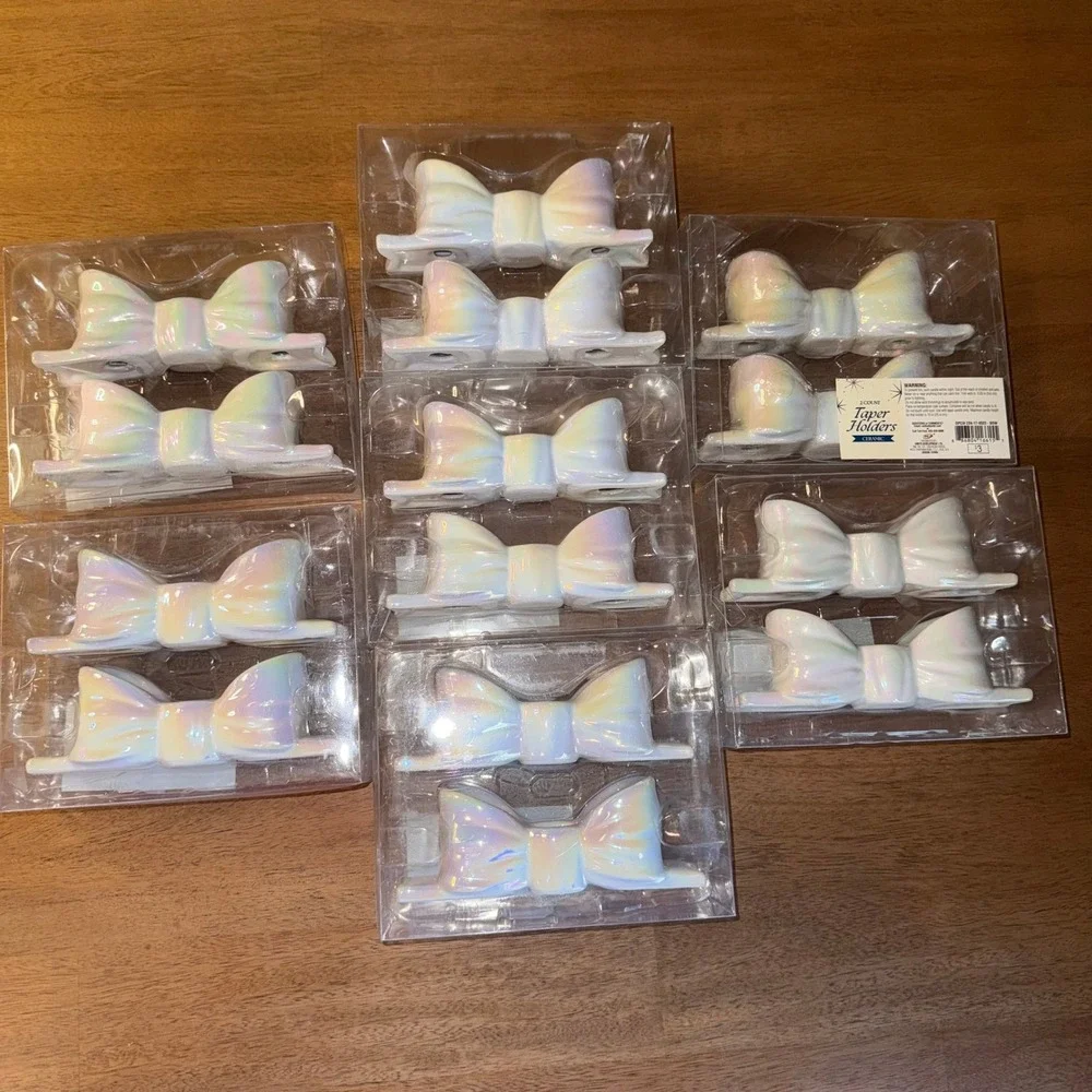 Lot of 14 Iridescent White Ceramic Bow Taper Candle Holders 7 Sets of 2 Coquette