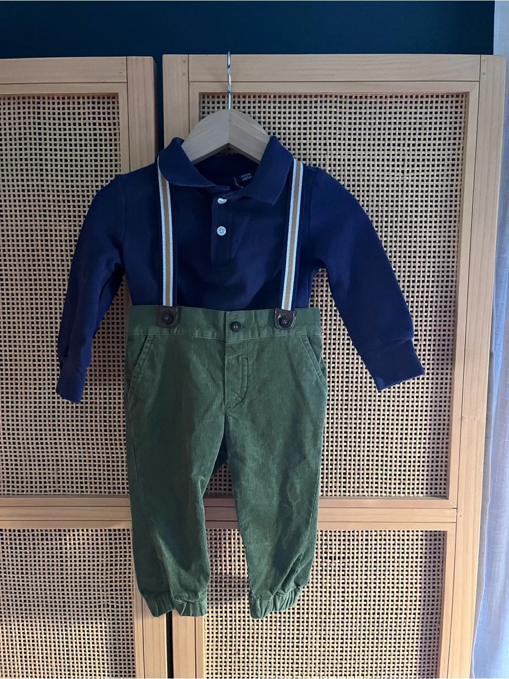 Janie and Jack 12-18M Green Corduroy Pants with Suspenders - Navy Long Sleeve