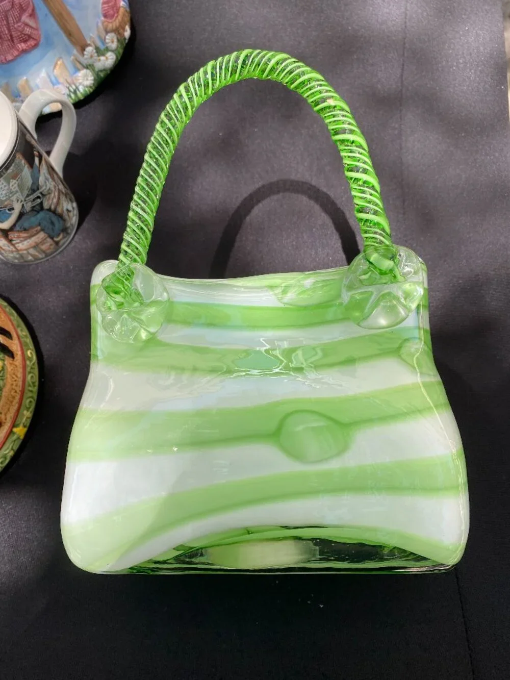 “Vintage Murano Style Glass Purse Vase – Green & White Striped Handbag Vase | Re